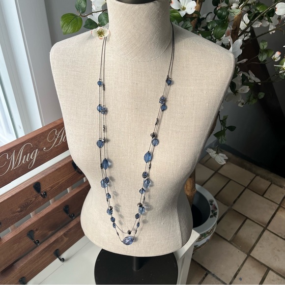 Vintage Two Strand Blue Beaded Long Necklace - Picture 2 of 8